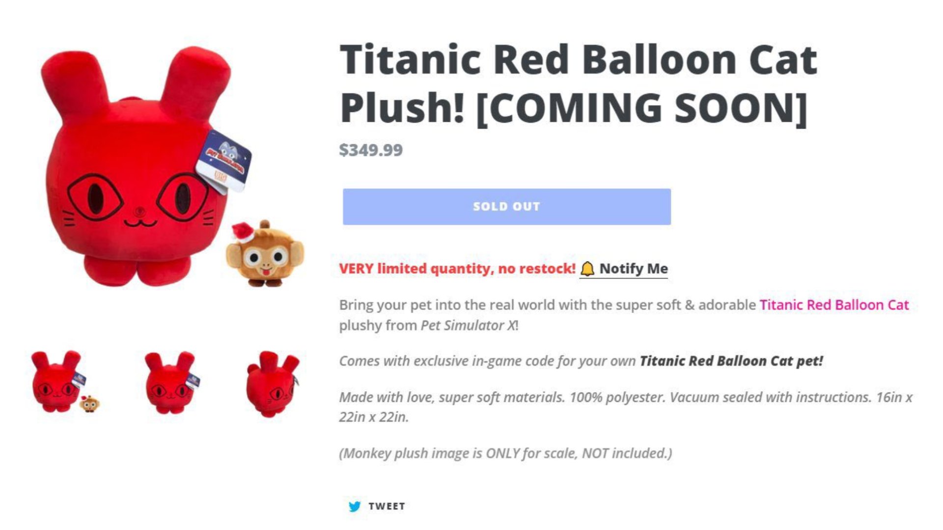 Roblox Pet Simulator X Titanic Red Balloon Cat Plush