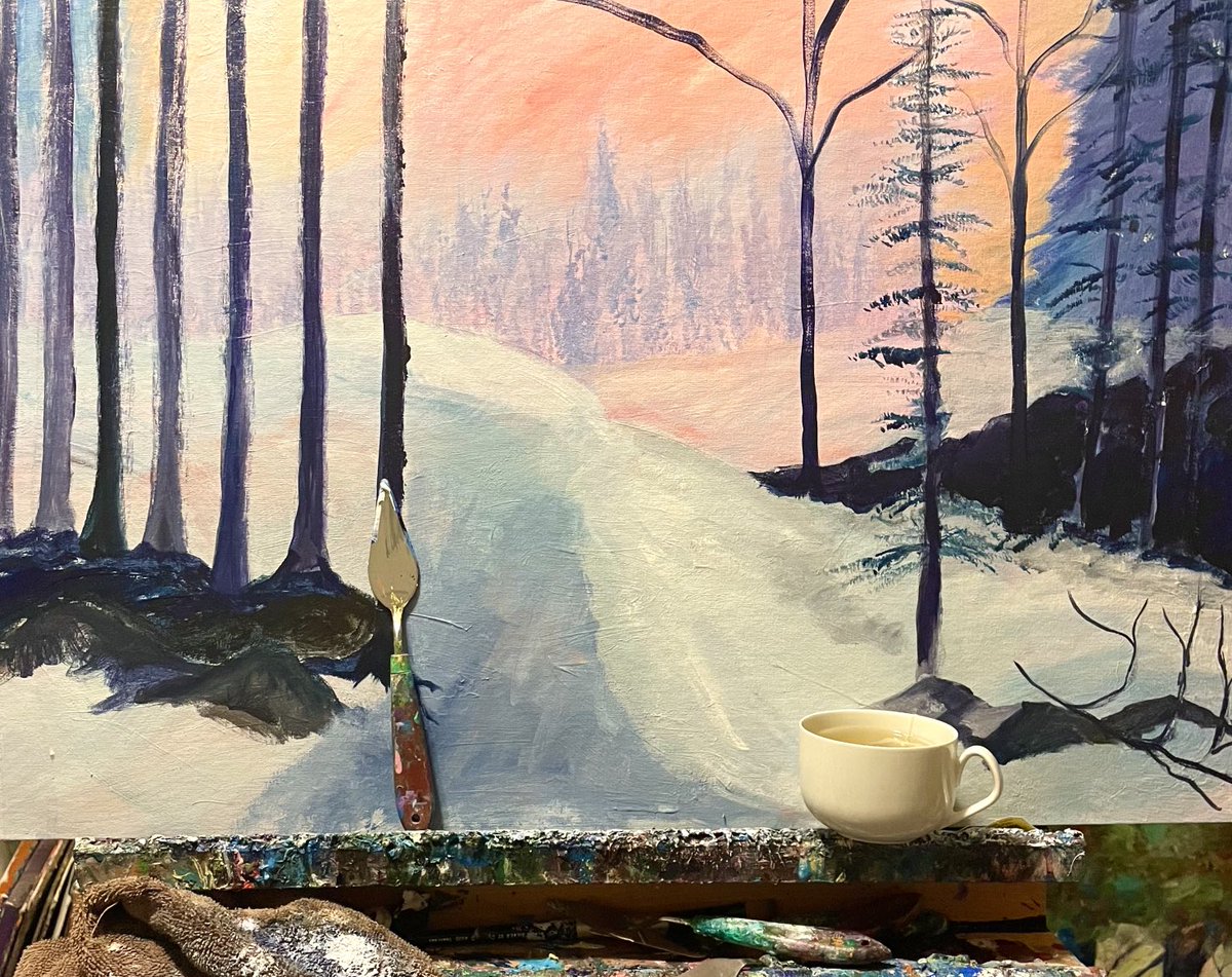 RCouture_Art's tweet photo. Starting to get lost in the ❄️. Time for another #tea. #workinprogress #creatingtexture #landscapepainting https://t.co/nCl4uJeRaN