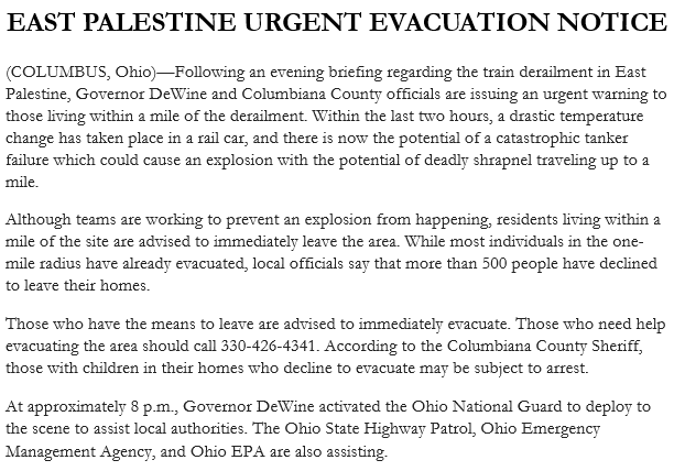 ENSAlerts's tweet photo. OHIO: Those living within 1 mile of the train derailment in East Palestine, evacuate immediately due to the risk of a major explosion. (Source: Governor) https://t.co/oVZu1n4K4K