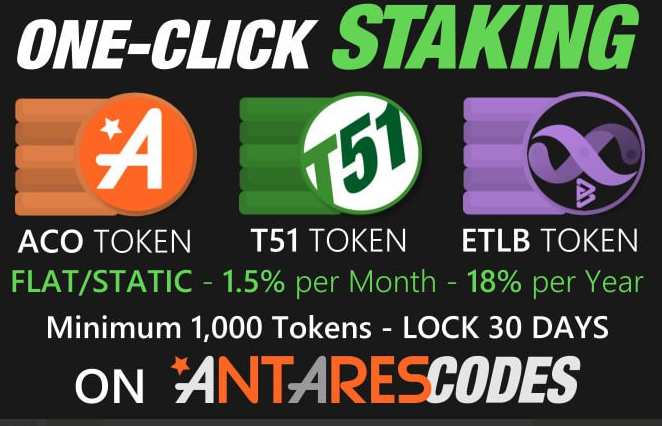 CryptoSammyjo's tweet photo. Staking is underway on the Antares Codes Platform for ACO, T51 and ETLB. The minimum staking amount (for each token) is 1,000 Tokens (lock 30 days) for a monthly yield of 1.5% and yearly of 18% https://t.co/AJQEFX50hV

Need to buy tokens, visit: https://t.co/LeFPhNSJaY https://t.co/5wShVvMd70