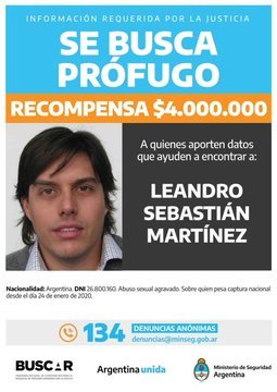 Leandro Sebastián Martínez DNI 26.800.160, está #PROFUGO por abuso sexual de una niña de 12 años diagnosticada con retraso madurativo, que estaba bajo su guarda. Hay una recompensa de $ 4.000.000 por encontrarlo. Compartir y avisar #URGENTE ☎️ 134

#BuenosAires
