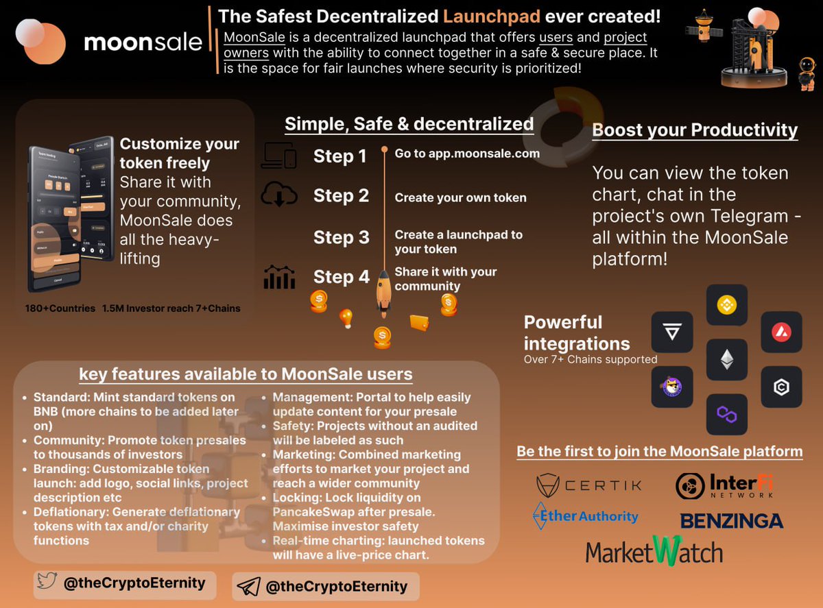 CryptoEternity_'s tweet photo. 🛎️ MoonSale is a #fairlaunchpad connecting project owners& investors in a safe #decentralized manner!🔍
🔸One Stop solution–INSTANT
TOKEN & LAUNCHPAD CREATION
🔸Token creators can make own tokens & sell easily with a few clicks & Investors can invest token sales at early stage. https://t.co/M1qDkJz5Ae