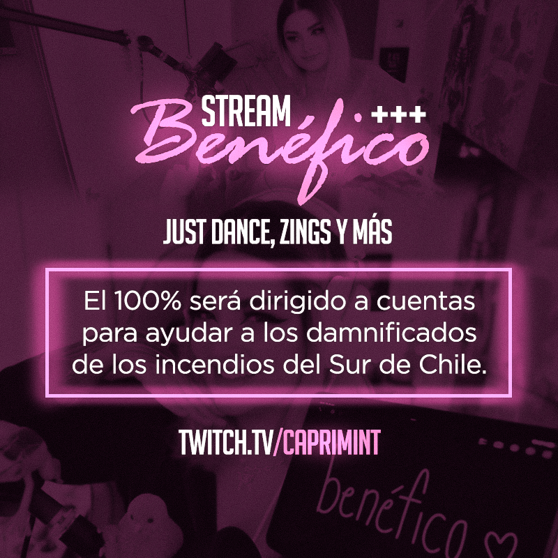 Caprimint's tweet photo. 💜 EN VIVO 💜
https://t.co/wccKuKn6bo 
Stream a beneficio por la catastrofe en Chile🌷 pasate a apoyar :) Vendo zingsitos y bailo hasta que me duela todo. 
https://t.co/wccKuKn6bo https://t.co/QrMtXfsg3b