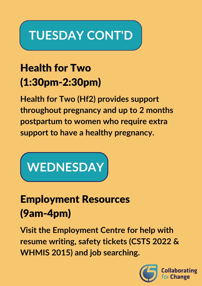 This Week's 'Week at a Glance' includes 'Health for Two' moving from the Clareview Recreation to the C5 Hub and Soup & Bannock is this week! #freefood #yegfood #freemeal #jobsearch #lowincomehousing #taxhelp #childcare