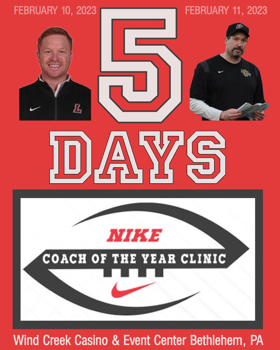 coy_nike's tweet photo. 5 more days until we welcome a superior line up of speakers and attendees at the Nike Coach of the Year Clinic in Bethlehem, Pa! This is going to be one for the books! Coach Saint Germain @Coach_Saint and Coach DiMuzio @CoachTJD are among the line up! https://t.co/STpxlxMjx3