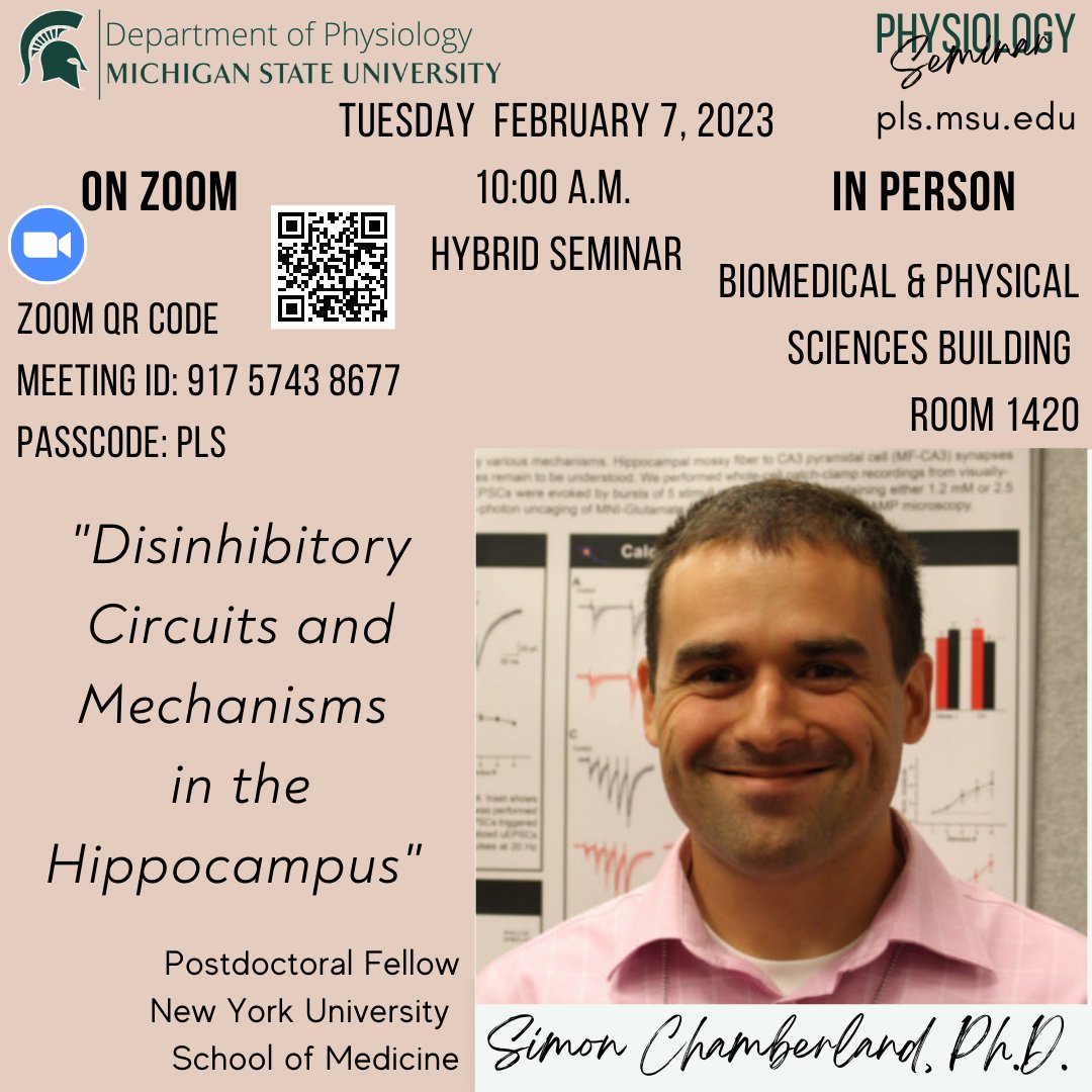 Join us this Tuesday February 7, 2023 at 10:00 a.m. as we welcome guest speaker Dr. Simon Chamberland from New York University School of Medicine!
#msupsl #physiology #ResearchSeminar #research #pathology #neuroscience #seminar #morningcoffee #presentation #seminaronline