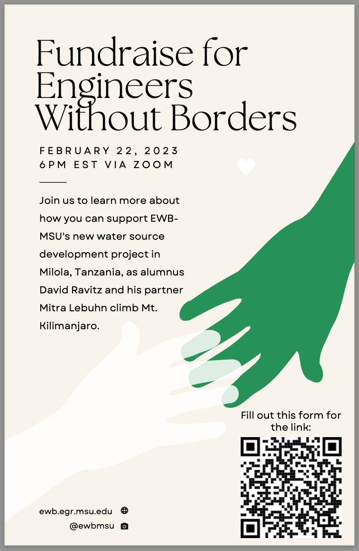 EWB_Spartans's tweet photo. We are excited to announce a collaborative fundraiser to support our new project in Tanzania!
Funds raised will be used to send a team to Tanzania to work with the community to improve access to  drinking water. Please join us! https://t.co/FY5e78PA8B