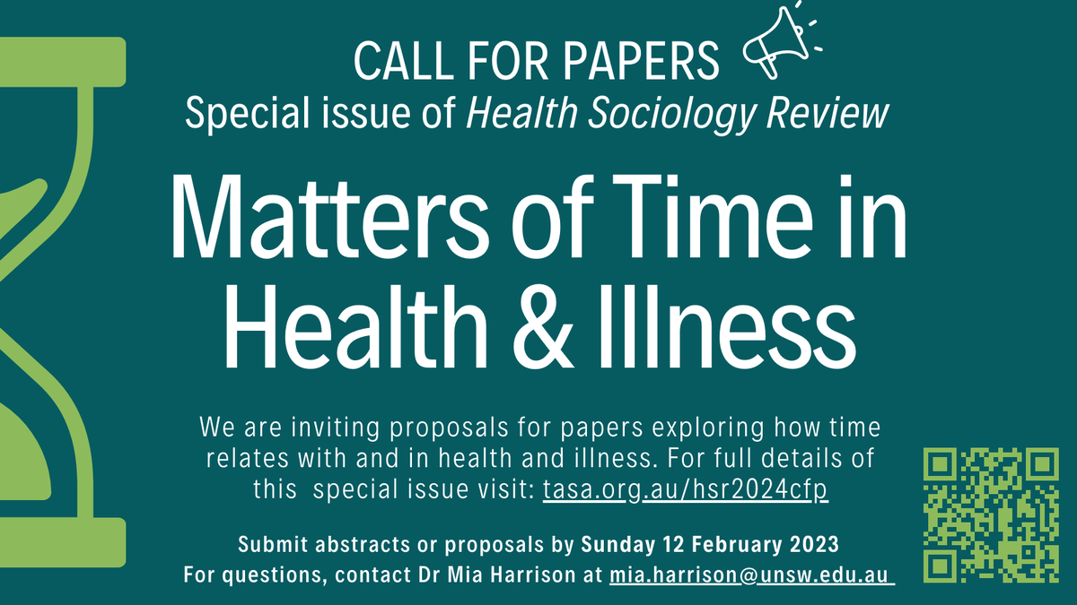 ManxomeMia's tweet photo. 📢 <1 week to go to submit a proposal for our special issue on "Matters of Time in Health &amp; Illness," published 2024 in @HealthSocRev 

For more information or to submit an abstract, visit: https://t.co/DYwRvHAASr

Submissions due 11:59pm AEDT Sunday 12 February. https://t.co/6qFl65TAfu