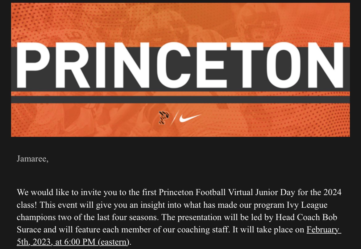 MekhiGarmon72's tweet photo. Had a great virtual Junior Day with Princeton University today. Thank you @CoachRosenbaum for the opportunity. Had a great time learning more about the great school and program. #GoTigers @CoachBobSurace @PrincetonFTBL https://t.co/iMmYg48n1x