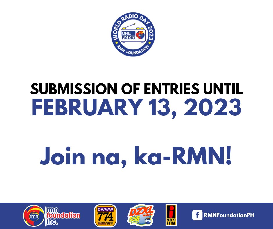 RMNFoundationPH's tweet photo. In celebration of World Radio Day 2023 on February 13, the Radio Mindanao Network Foundation (RMN Foundation) will give you free radio!

Tune in and keep listening to your favorite Metro Manila stations iFM 93.9 Manila, DWWW 774kHz and DZXL 558kHz Manila for more details to win. https://t.co/HWwHh2jhdV