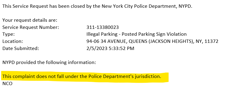 KamaTimbrell's tweet photo. Hi there @nyc311 &amp; @voteshekar Turns out the @NYPD115Pct believes illegal parking is not their jurisdiction. If not the purview of the police, what agency does it fall under and why is 311 sending to local precinct? https://t.co/ZU6pjDPq6p