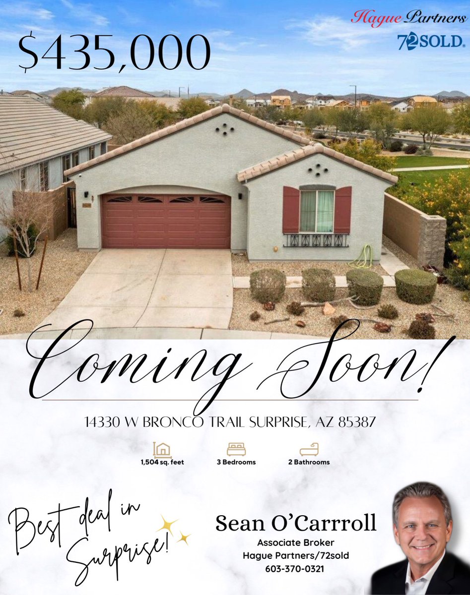 COMING SOON! 

Call Sean O’Carroll for more information 👨🏼‍💼
📲 602-370-0321
📩 sean@haguepartners.com
📩 sean@ocarrollgroup.com
#72soldaz #72sold #seanocarroll1 #realestateforsalescottsdale
#haguepartners #realestateagent #azluxuryhomes #realestateforsalesurprise #surpriseArizona