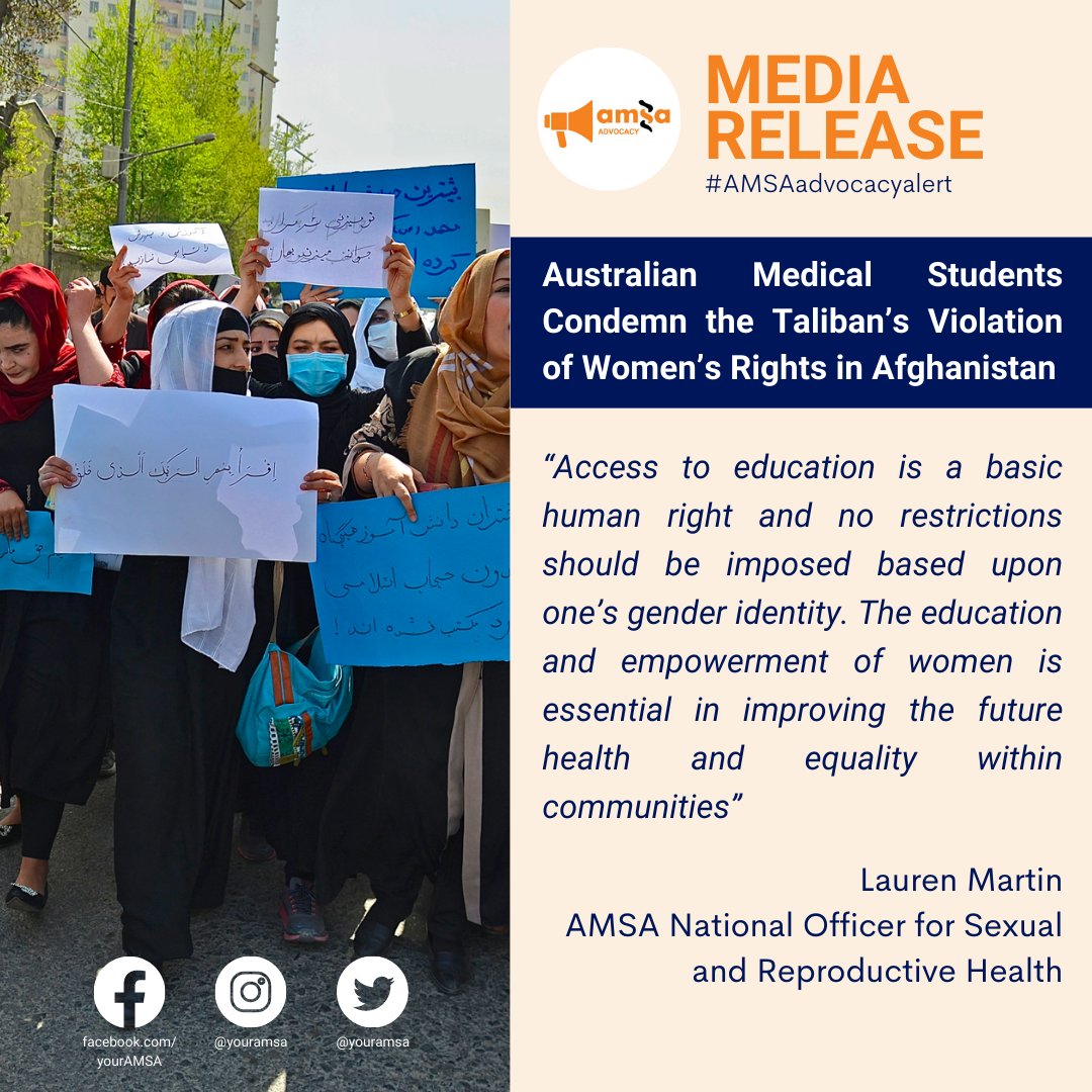 Australian medical students condemn the Taliban for its oppressive ban on women attending universities and schools. Media Release: amsa.org.au/Web/Advocacy/M…