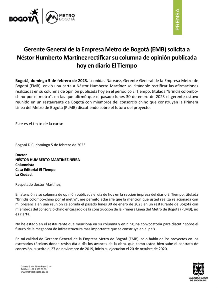 ArcesioLizcano's tweet photo. Néstor Humberto Martínez miente. Gerente del Metro solicita rectificación. #metrobogota #MetroYa https://t.co/KUOxgXWosL