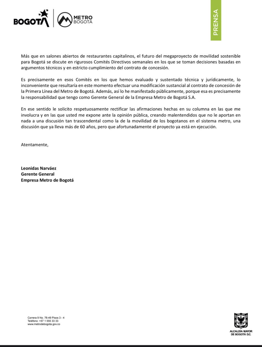 Néstor Humberto Martínez miente. Gerente del Metro solicita rectificación. #metrobogota #MetroYa