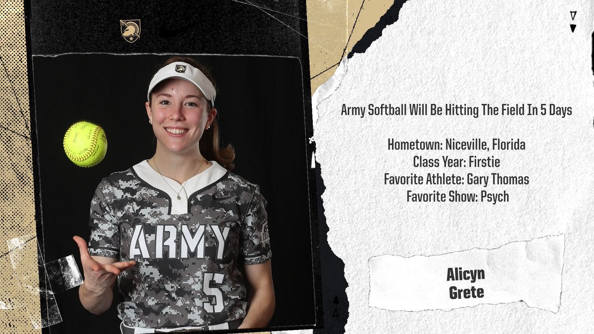 ArmyWP_Softball's tweet photo. Your Black Knights will be hitting the field in just 5 days! We can’t wait to see our fans at the games all over the country. Here is our firstie AG get to know her! #ASB #armywestpoint #blackknights #5daysaway https://t.co/o84Qd07ltC