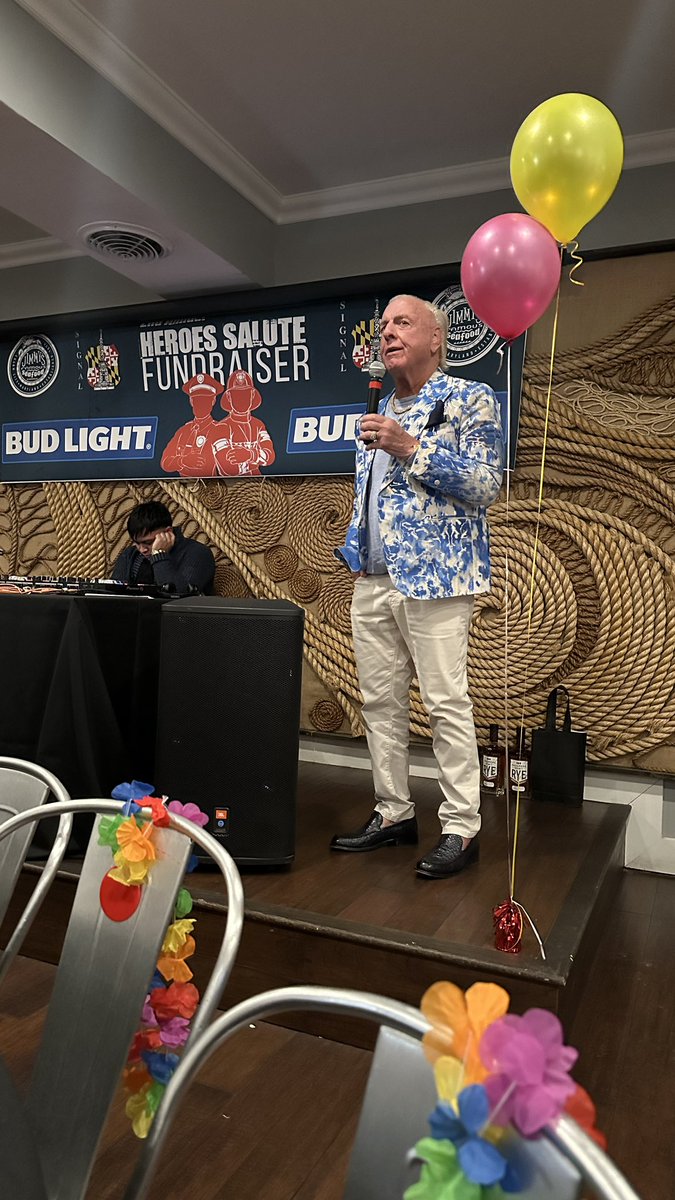 TJSmithSocial's tweet photo. “STOKED!!!” The Nature Boy, @RicFlairNatrBoy, was simply enjoying his time @JimmysSeafood. We were having a fundraiser for the @Signal13Founda1 and we asked if he could say a few words. Without hesitation, he did. And then surprised us w/ a donation! Wooooooo #FamousFund https://t.co/DA0qCUBFjs