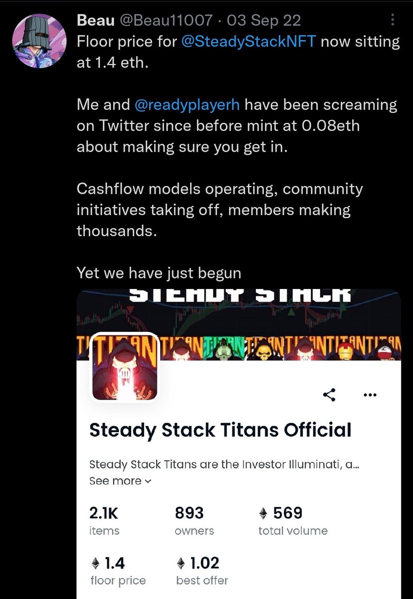 Where is my <a href="/SteadyStackNFT/">Steady Stack Scam/Rug Victims</a> family that has been with me since day 1? 

Grateful for those who have believed in <a href="/readyplayerh/">RPH</a> <a href="/zanshake/">Xan 🏆</a> and myself. 

1.4 -> 5.15 Floor. All done in a bear market. 

Jobs not done. 

Will want to pay very close attention on Wednesday.
