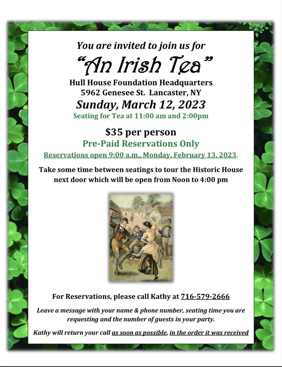 Reservations for our annual Irish Tea on Sunday March 12 open on February 13th at 9:00 by calling Kathy (716) 579-2666. The cost is $35 per person. We hope to see you there! 
#tea #wnyevents #lancasterny