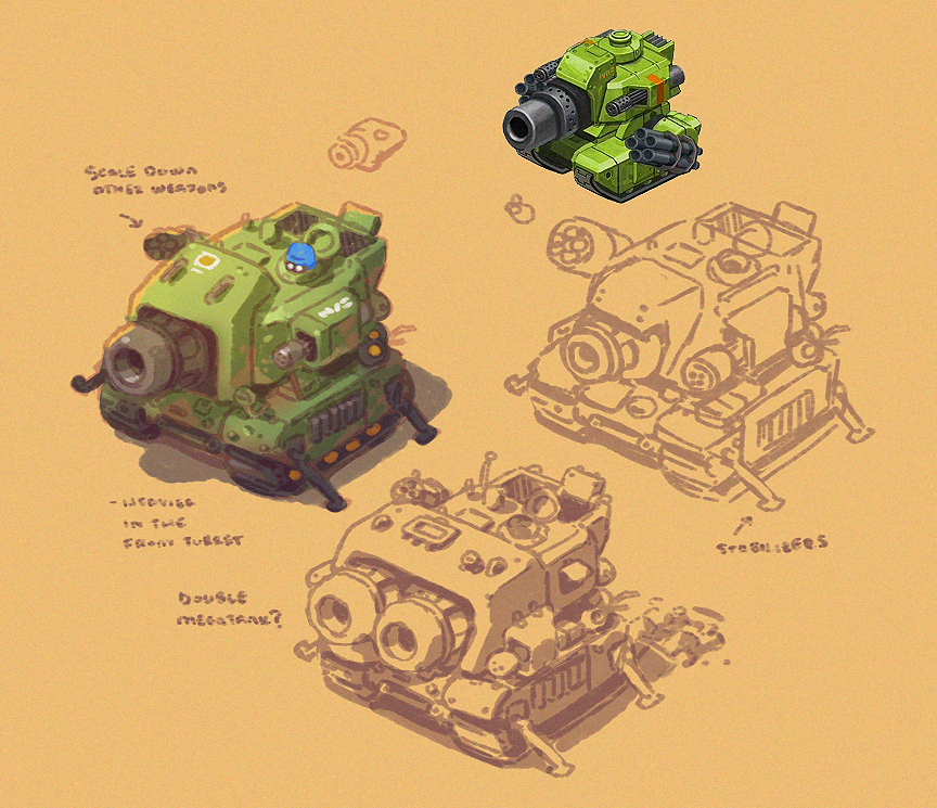 A few attempts to redesign the Mega Tank from Battle Nations.  The original cannon was so big that it never made any sense, but is also the key feature.