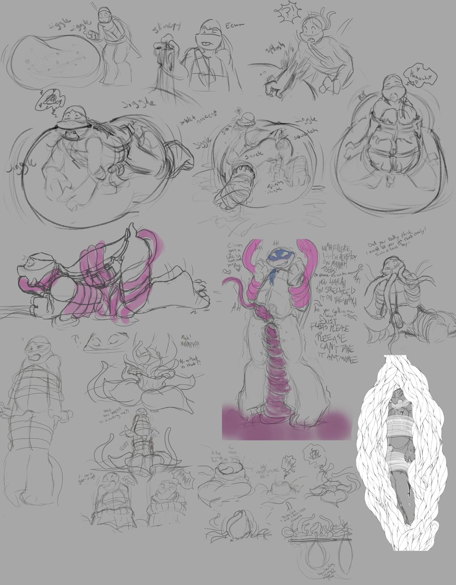 CW: Non-con, Tentacles, monsterfuck, non-lethal vore
Just throwing in stuff and things I've done last year. Donnie touching stuff he really shouldn't, Raph in tight situation and Poor Leo visiting in monster flowers stomach and being tricked to play game, he will definetely lose