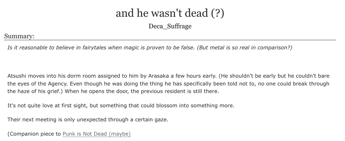 DecaSuffrage's tweet photo. and he wasn't dead(?), a companion piece to "Punk Is Not Dead (maybe)". it acts as both a prequel and a sequel

rate the ratings folks, there is sex but it's not really explicit

yeah, it's 11k. sit down with a nice hot chocolate for this one https://t.co/SohlaGeojw