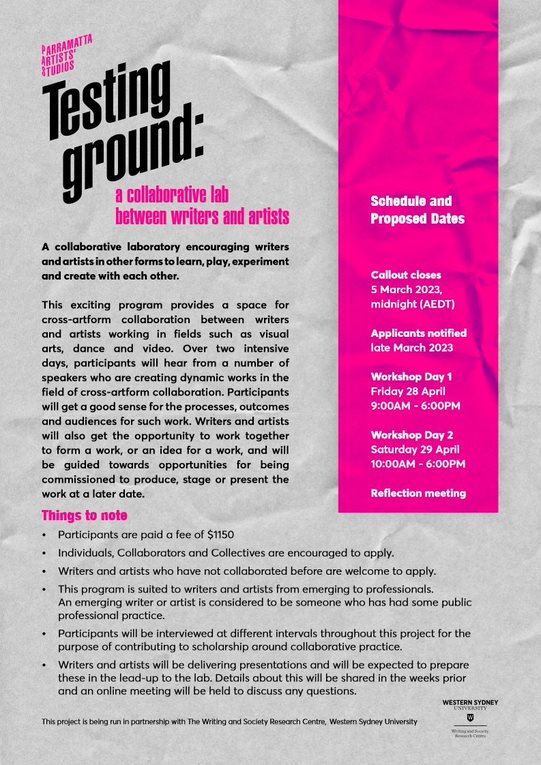 Applications are now open for Testing Ground: a collaborative lab between artists and writers 👏 Find out more and sign up now here: cityofparramatta.nsw.gov.au/visiting/parra…