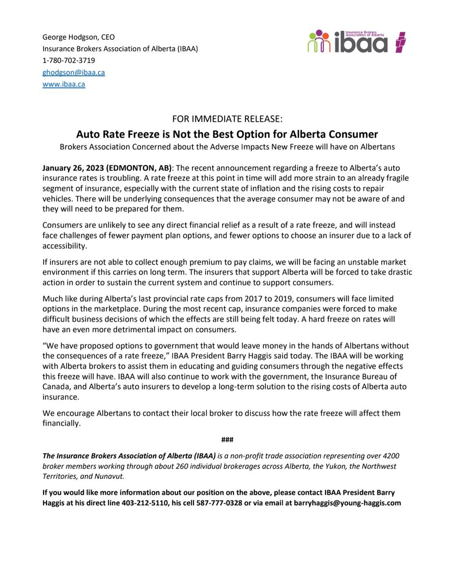 scarredleaffan's tweet image. Statement from the #IBAA on the #Alberta auto rate freeze. Please read and retweet. A rate cap just moves the problems elsewhere, it doesn't solve the issues. I've been a broker in AB for 9yrs and have seen this firsthand. 1/2
