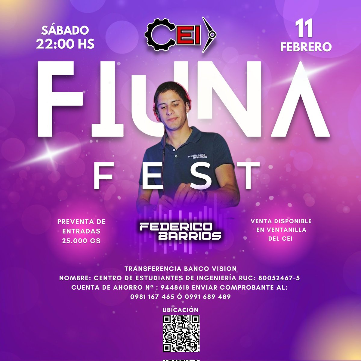 Para bailar toda la noche al ritmo de @federicobarriosdj 🕺🏻💃🏻😎
Compra tus entradas en ventanillas del CEI o via transferencia bancaria, no hay excusas para perderte de esta fiesta‼️🤗

Para más información 📲
Marly Moulard (0991) 689 489
Ivan Alarcon (0981) 167 465

#FIUNAFEST