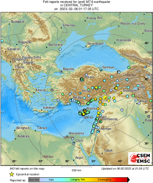 lookner's tweet photo. 7.5 earthquake reported in Central Turkey
Shake reports map from @LastQuake
https://t.co/VhWqpHPuCx https://t.co/zWj1cGn2qL