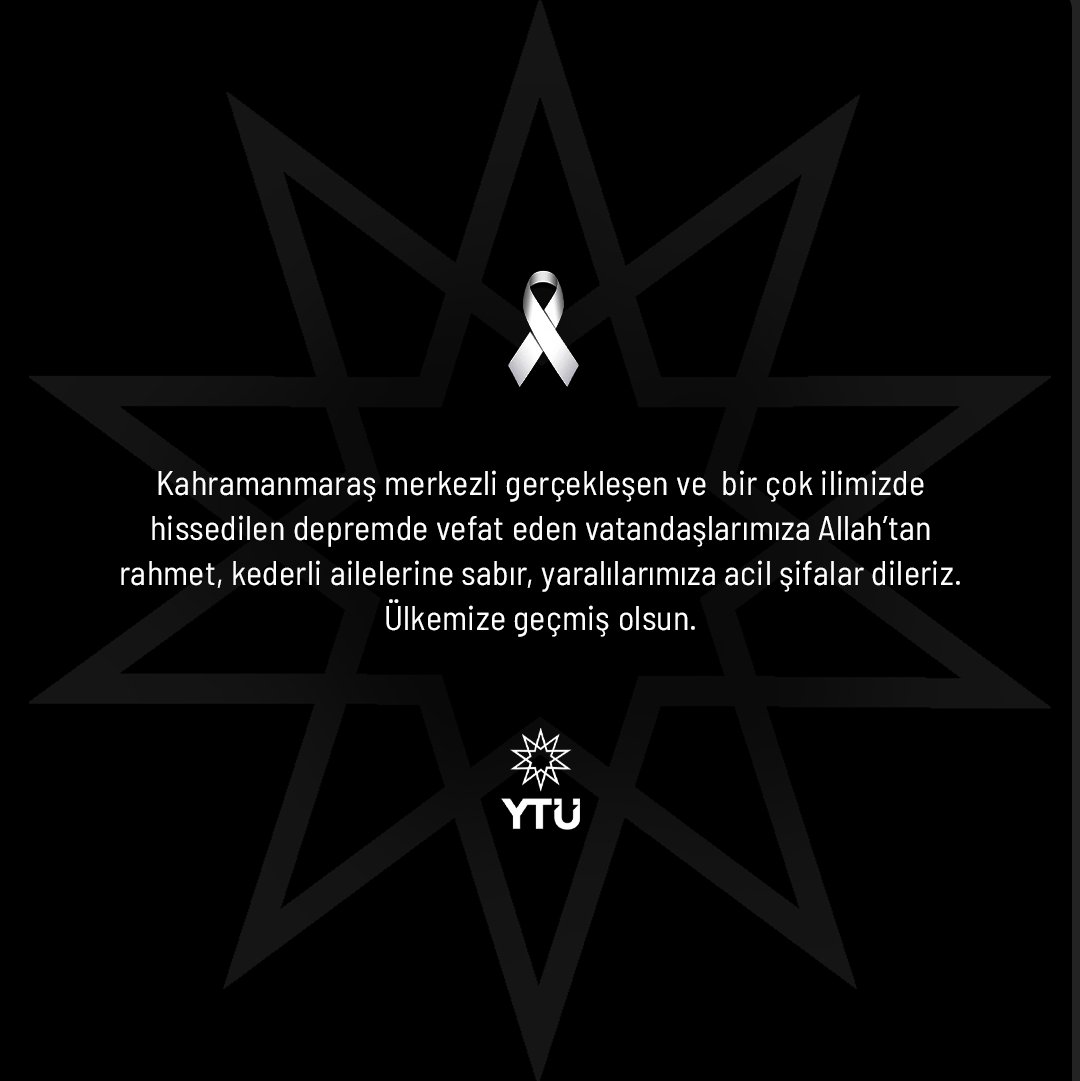 Kahramanmaraş merkezli gerçekleşen ve bir çok ilimizde hissedilen depremde vefat eden vatandaşlarımıza Allah'tan rahmet, kederli ailelerine sabır, yaralılarımıza acil şifalar dileriz. 
Ülkemize geçmiş olsun.