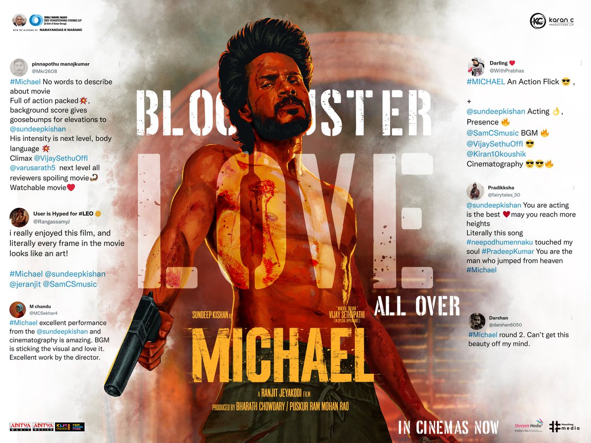 #MICHAEL ❤️‍🔥 getting enormous Love from the Audience 😍

Experience this Bloody Action Blockbuster in your nearest Theaters 💥

Book Your Tickets Now!
🎟️ linktr.ee/MichaelTickets

<a href="/sundeepkishan/">Sundeep Kishan</a> <a href="/Divyanshaaaaaa/">Divyansha Kaushik</a> <a href="/VijaySethuOffl/">VijaySethupathi</a> <a href="/jeranjit/">𝐑𝐚𝐧𝐣𝐢𝐭 𝐉𝐞𝐲𝐚𝐤𝐨𝐝𝐢</a> <a href="/SVCLLP/">Sree Venkateswara Cinemas LLP</a> <a href="/adityamusic/">Aditya Music</a>