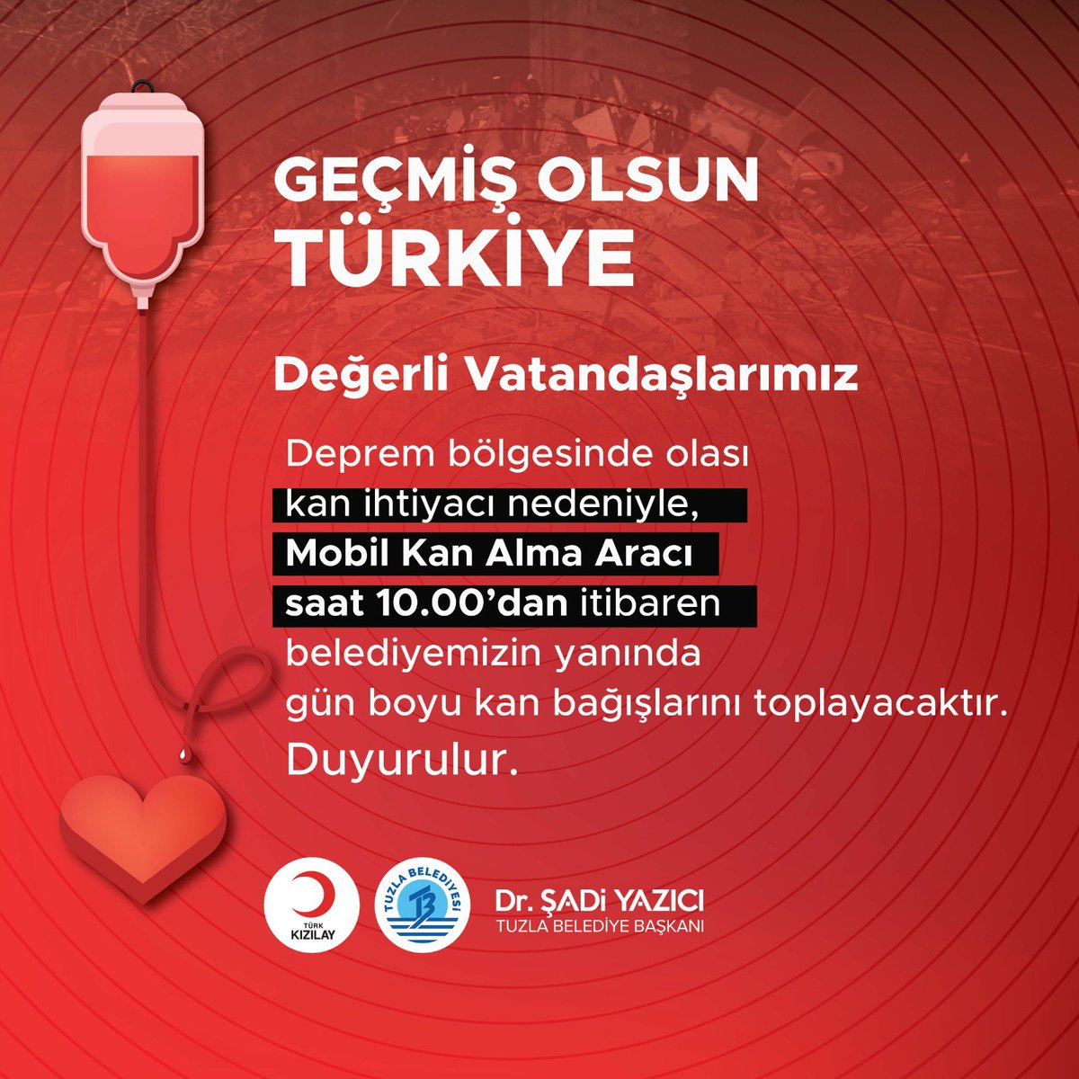 ⚠️Dikkat

Kızılay’ın çağrısı üzerine,ihtiyaç halinde deprem bölgesine gönderilmek için, kan bağışı aracı gün boyu belediyemiz önünde olacaktır. Kan vermek isteyen vatandaşlarımıza önemle duyurulur