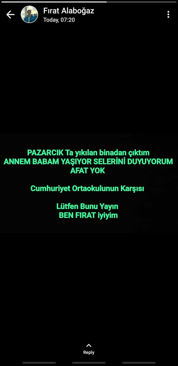Arkadaşlar Pazarcık'ta arkadaşımın annesi ve babası enkaz altında AFAD yok, insanlar kendi elleriyle bir şeyler yapmaya çalışıyor. Cumhuriyet okulu karşısı, yetkilelere ulaştırılsın lütfen
#deprem #AFAD