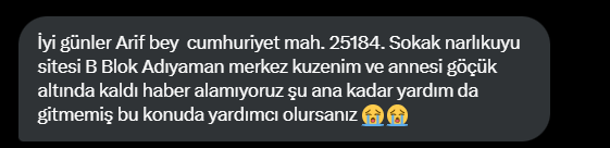 Cumhuriyet mah. 25184. Sokak narlıkuyu sitesi B Blok Adıyaman merkez
