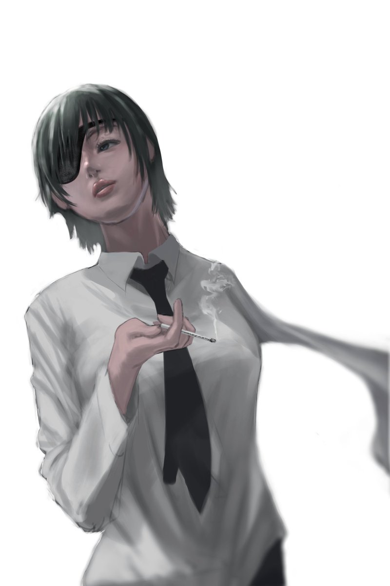 himeno (chainsaw man) 1girl eyepatch cigarette solo black hair necktie holding cigarette  illustration images