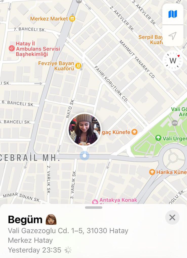 Arkadasimiz Begum Ciritci Hatay’da enkaz altinda kaldi. En son konumu bu. Cebrail Mah. Vali Gazezoglu Cd. burada iki apartman yıkılmıs biri Fitnat Kuntman apartmani digeri Hasan Yılmaz apartmani. LUTFEN PAYLASALIM <a href="/AFADTurkiye/">AFAD</a> <a href="/AFADHatay/">AFAD HATAY</a> @HatayBld