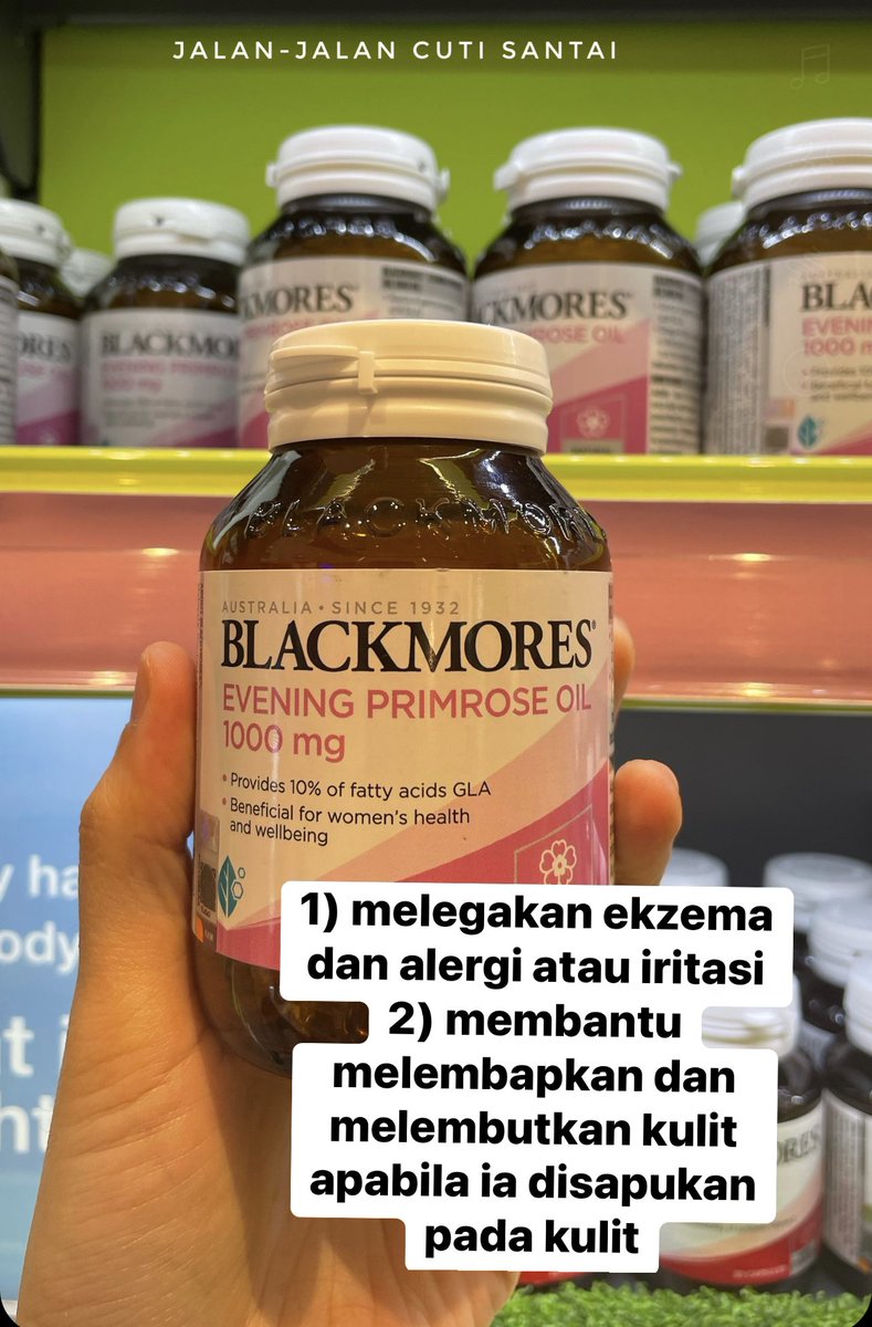 JalanCutiSantai's tweet photo. Blackmores Evening primrose oil 

1) melegakan ekzema (keadaan di mana kulit mengalami keradangan, menjadi gatal atau bersisik akibat alergi atau iritasi lain). 

2) membantu melembapkan dan melembutkan kulit apabila ia disapukan pada kulit

Beli sini👉🏻https://t.co/lRLYWRRZ5V https://t.co/cihbPVNGXu