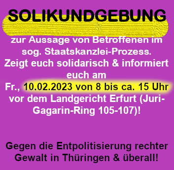6Luchs7's tweet photo. Solikundgebung zum #StaatskanzleiProzess
🗓️ Fr, 10.02.2023, ab 8 Uhr
📍 Juri-Gagarin-Ring 105-107
Anlässlich der Betroffenenaussagen wird es am Freitag 1 Solikundgebung vor dem Landgericht geben: https://t.co/6OSPPkOt1F https://t.co/LnYVZgTcBu