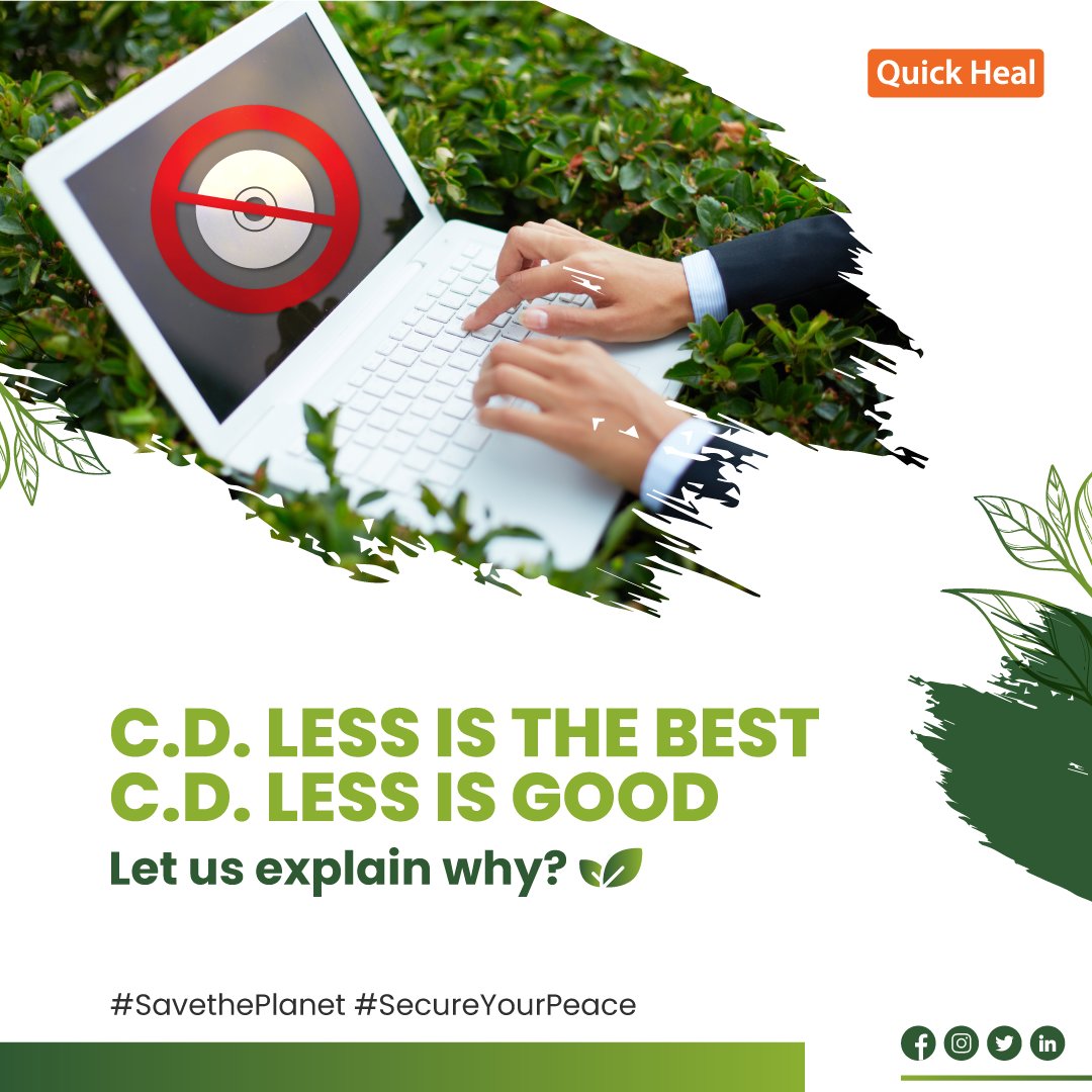 quickheal's tweet photo. While we have made it our business to protect you from #cyberthreats, we are also responsible as a business, to save the planet from environmental threats. With #QuickHeal’s latest #version23 products, we have taken steps to reduce our carbon footprint ➡️ by going ‘C.D. Less.’ 💿 https://t.co/H8PTlD0i3L