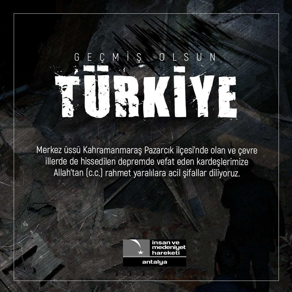 Geçmiş Olsun TÜRKİYE 

Merkez üssü Kahramanmaraş Pazarcık ilçesi'nde olan ve çevre illerde de hissedilen depremde vefat eden kardeşlerimize Allah'tan(c.c.) rahmet yaralılarımıza acil şifalar diliyoruz. #Deprem
