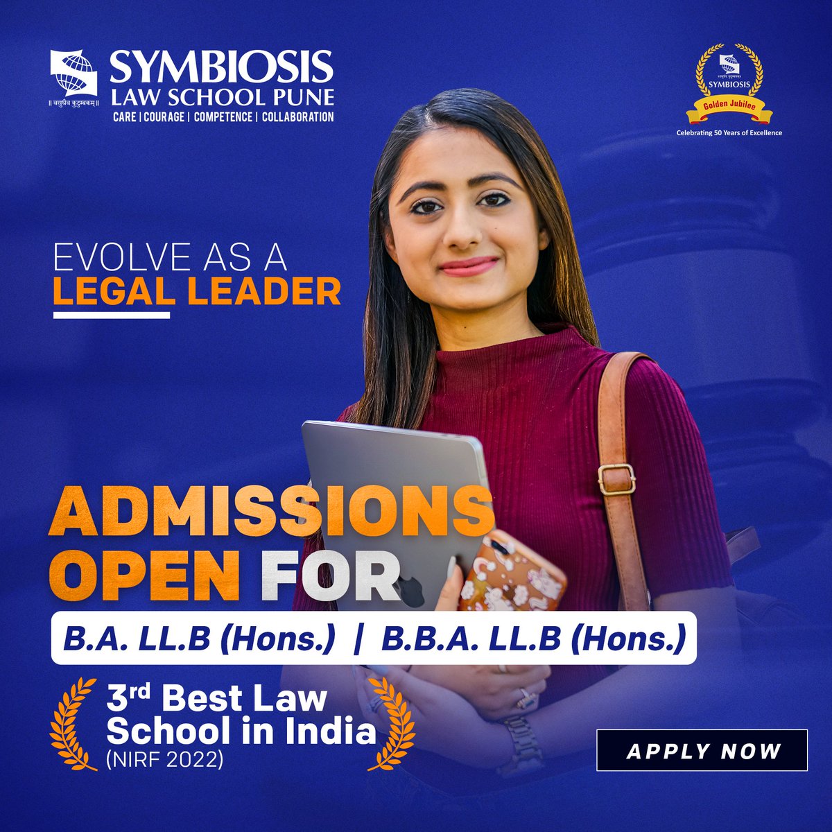 Unlock your potential with the programmes at Symbiosis School of Law. 

Our B.A. LL.B (Hons.) &amp; B.B.A. LL.B (Hons.) programme is created to produce holistic, socially conscious, and continuously employable legal professionals. 

Apply Now - bit.ly/3wZl6oa
