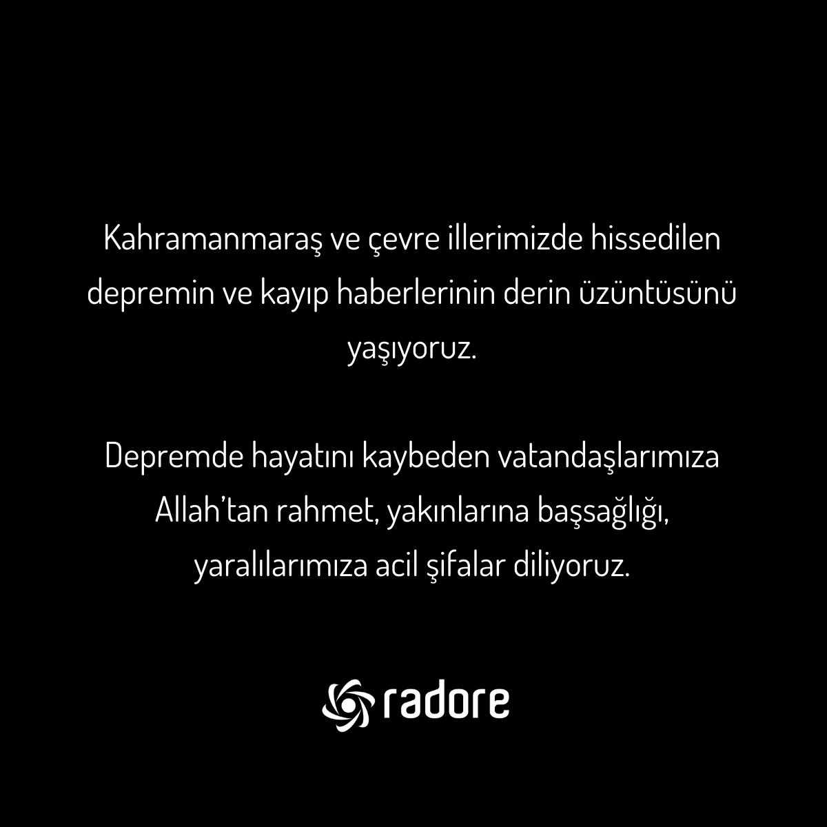 Kahramanmaraş ve çevre illerimizde hissedilen depremin ve kayıp haberlerinin derin üzüntüsünü yaşıyoruz. Depremde hayatını kaybeden vatandaşlarımıza Allah’tan rahmet, yakınlarına başsağlığı, yaralılarımıza acil şifalar diliyoruz.

#gecmisolsunturkiye