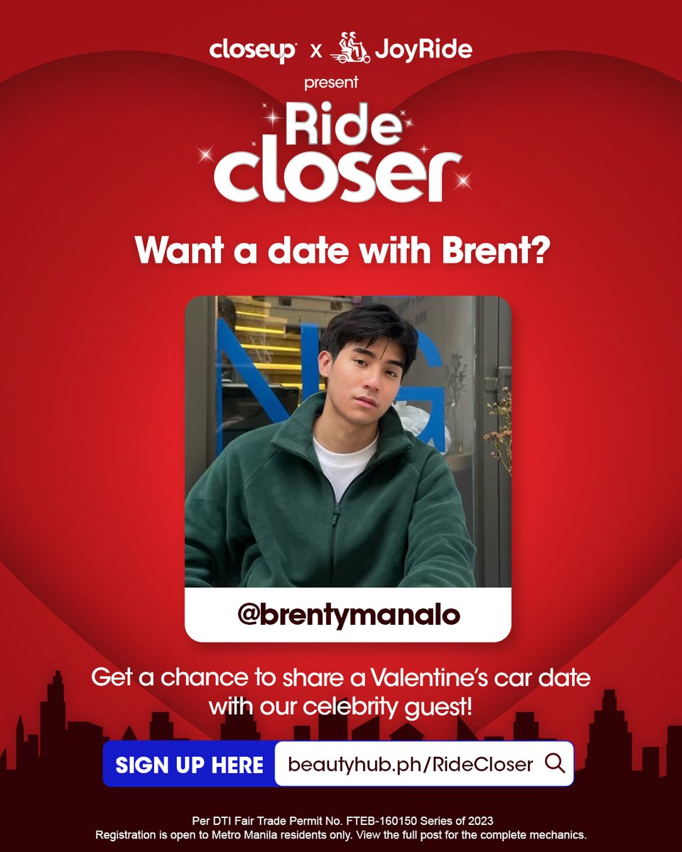 CloseupPH's tweet photo. In the mood for a car date with celebrity guest Brent Manalo? This might be your chance! 

Sign up here for a chance to get matched. 

https://t.co/Pxc1YWPpKT

#closeupAMAZINC #RideCloser #closeupxJoyRide https://t.co/hDJ1rBzDxA
