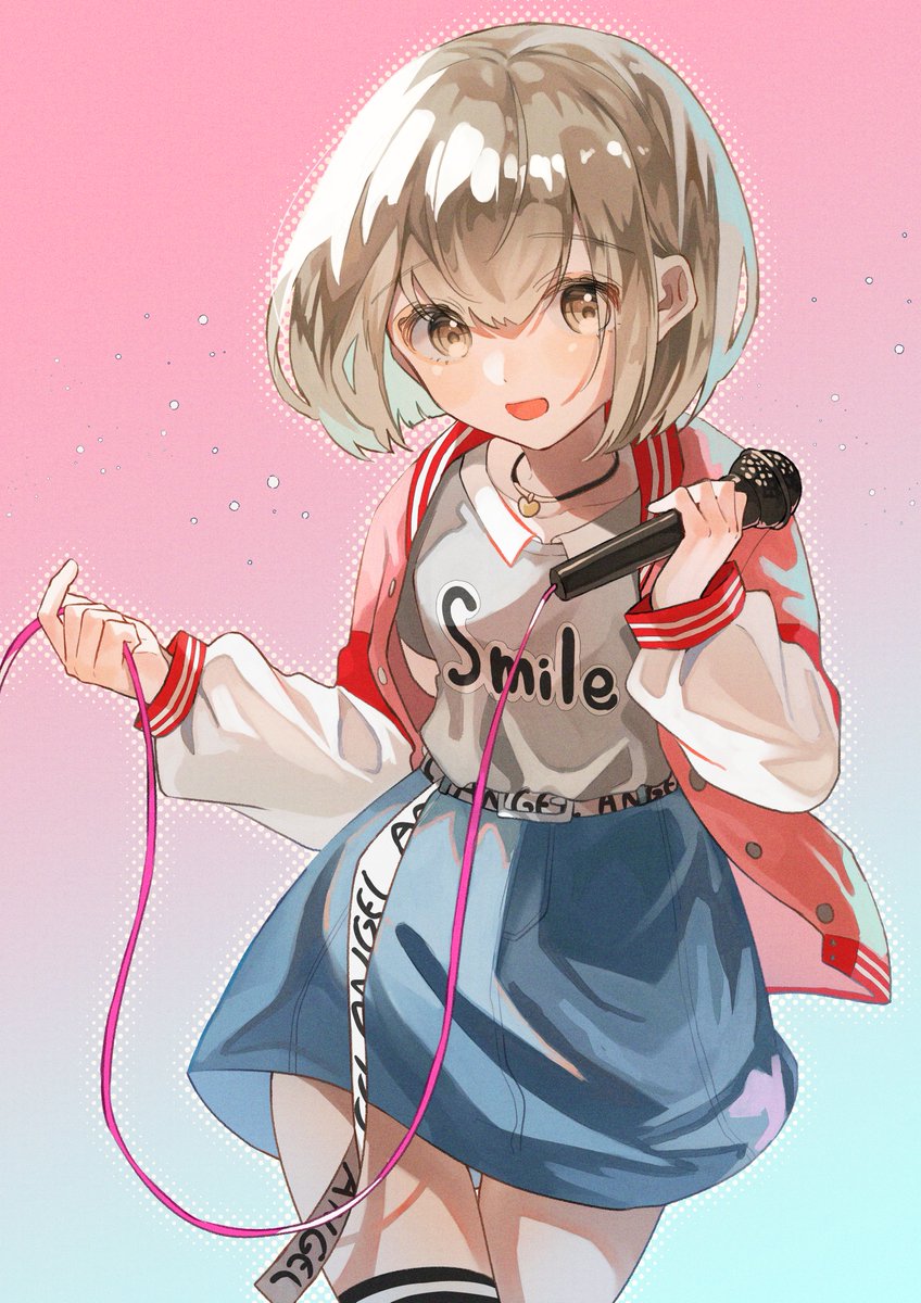 1girl solo skirt microphone thighhighs jacket holding  illustration images