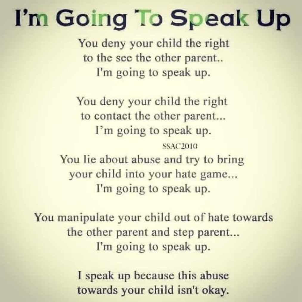P_Alienation's tweet image. Are you going to speak up?
#ParentalAlienation is #ChildAbuse.
#SilentNoMore
