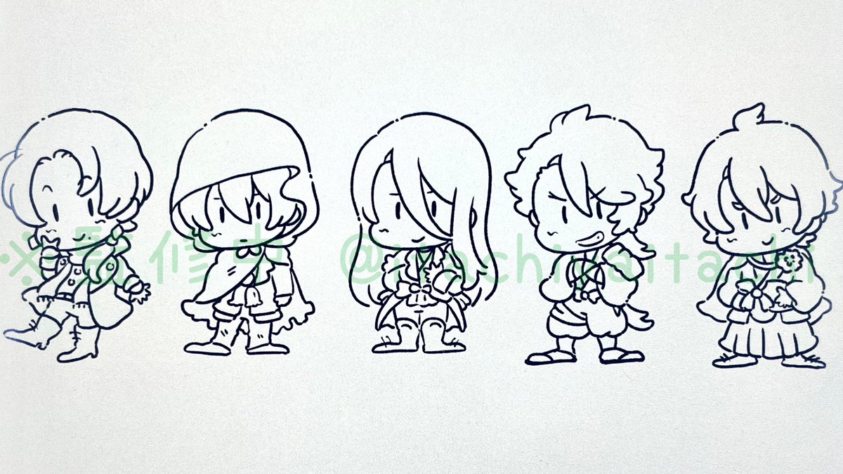 初期刀くんのメイキングも。
練習(ていうか、ファンシー絵変化試行錯誤)→方眼紙にアナログ線画→デジタルでペン入れ、着色。
方眼紙を使うのは、頭身とか並べた時の個々の占めるスペースとかサイズ感を統一しやすいから。 https://t.co/8r2vioT3ZX