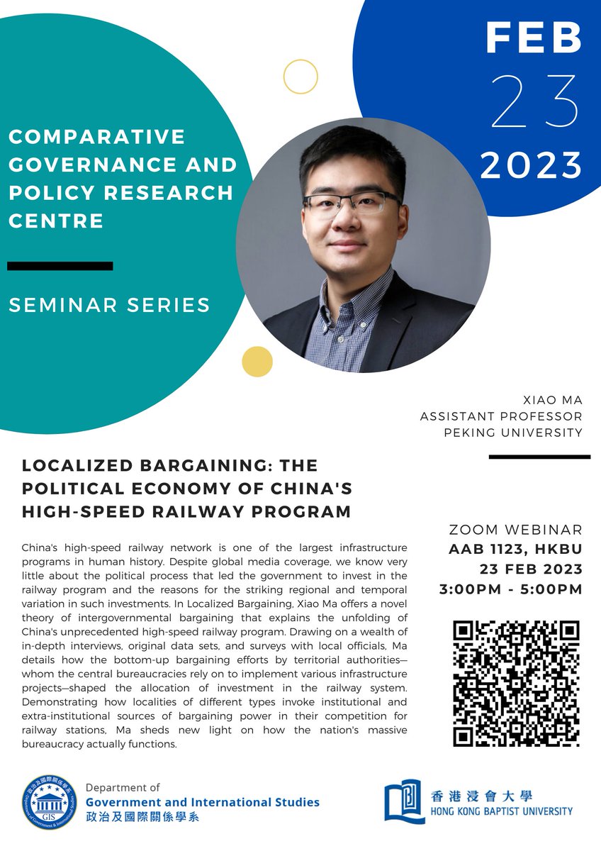 HKBU Government & International Studies (@hkbugis) on Twitter photo Excited to be hosting <a href="/maxiaoalex/">Xiao Ma</a> at our next research webinar <a href="/HkbuGis/">HKBU Government & International Studies</a> on Feb 23, 2023, 15:00 - 17:00 (HKT UTC +8). Dr. Ma will share findings about the political economy of🚄from his recent book <a href="/OxUniPress/">Oxford University Press</a>.
Registration (A Zoom link will be sent): forms.office.com/r/qMT7zaRMYp Excited to be hosting <a href="/maxiaoalex/">Xiao Ma</a> at our next research webinar <a href="/HkbuGis/">HKBU Government & International Studies</a> on Feb 23, 2023, 15:00 - 17:00 (HKT UTC +8). Dr. Ma will share findings about the political economy of🚄from his recent book <a href="/OxUniPress/">Oxford University Press</a>.
Registration (A Zoom link will be sent): forms.office.com/r/qMT7zaRMYp