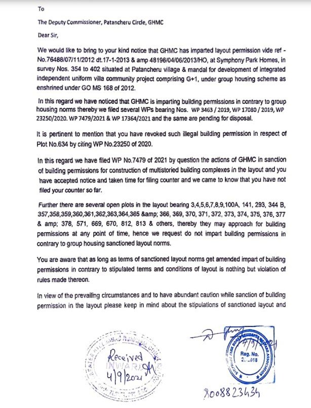 united_symphony's tweet photo. @GHMCOnline @CommissionrGHMC @ZC_SLP @bhojaraju_k @acppatancheru Illegal construction Alert @ plot 634B,Symphony Park Homes,Patancheru. GHMC Denied &amp; approved building permission in split plots of the same layout. Permission denied for 863 &amp; approved for 634B. WHY INCONSISTENCY? https://t.co/i82HGYrcw6
