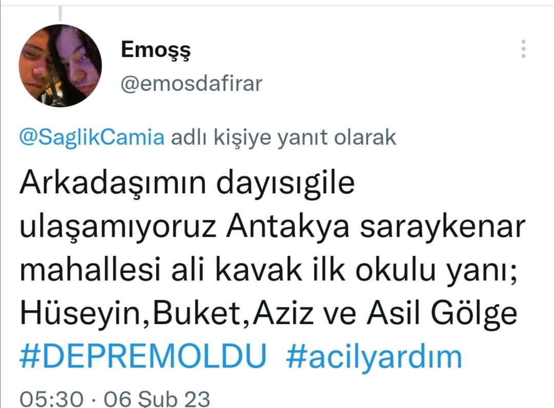 ACİL ACİL
Twiti kimse görmemiş.
Herkes rt yapsın. Yetkililerin görmesini sağlayalım. 
#AFAD 
#DEPREMOLDU
#Kahramanmaras
#Antakya